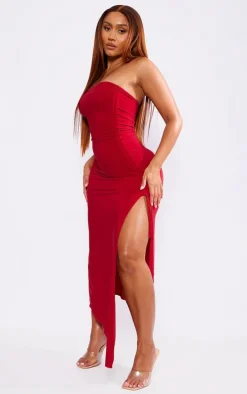 Shape Burgundy Slinky Bandeau Ruched Side Frill Hem Midaxi Dress