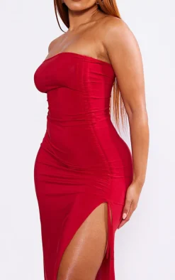 Shape Burgundy Slinky Bandeau Ruched Side Frill Hem Midaxi Dress