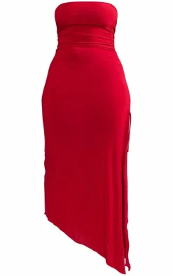 Shape Burgundy Slinky Bandeau Ruched Side Frill Hem Midaxi Dress