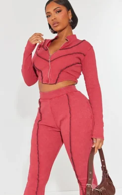 Shape Burgundy Soft Rib Seam Detail Long Sleeve Cropped Jacket