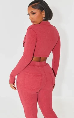 Shape Burgundy Soft Rib Seam Detail Long Sleeve Cropped Jacket