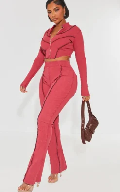 Shape Burgundy Soft Rib Seam Detail Long Sleeve Cropped Jacket