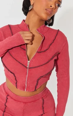 Shape Burgundy Soft Rib Seam Detail Long Sleeve Cropped Jacket