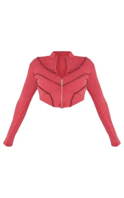 Shape Burgundy Soft Rib Seam Detail Long Sleeve Cropped Jacket