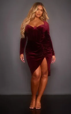 Shape Burgundy Velvet Corset Detail Long Sleeve Ruched Midi Dress