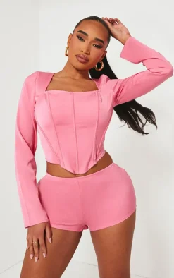 Shape Candy Pink Woven Boning Detail Long Sleeve Corset