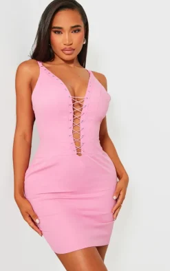 Shape Candy Pink Woven Lace Up Front Bodycon Dress