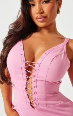 Shape Candy Pink Woven Lace Up Front Bodycon Dress