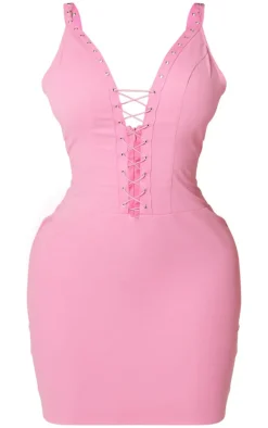 Shape Candy Pink Woven Lace Up Front Bodycon Dress