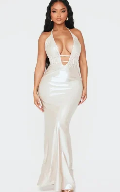 Shape Champagne Metallic Wet Look Plunge Front Halter Neck Maxi Dress