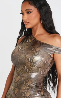 Shape Champagne Snake Wet Look Asymmetric Maxi Dress