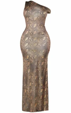 Shape Champagne Snake Wet Look Asymmetric Maxi Dress