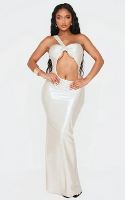 Shape Champagne Wet Look Cut Out Fishtail Maxi Dress