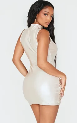 Shape Champagne Wet Look Metallic High Neck Wrap Front Dress