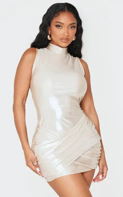 Shape Champagne Wet Look Metallic High Neck Wrap Front Dress