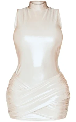 Shape Champagne Wet Look Metallic High Neck Wrap Front Dress