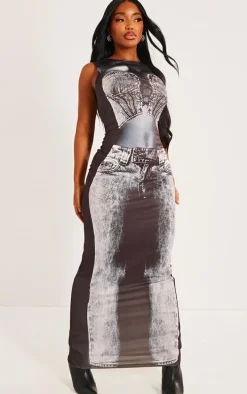Shape Charcoal Body Denim Print Sleeveless Maxi Dress