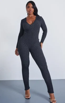 Shape Charcoal Contrast Rib Knit Long Sleeve Plunge Jumpsuit
