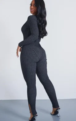 Shape Charcoal Contrast Rib Knit Long Sleeve Plunge Jumpsuit
