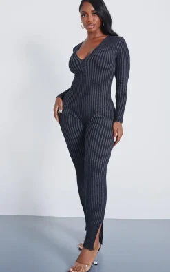 Shape Charcoal Contrast Rib Knit Long Sleeve Plunge Jumpsuit