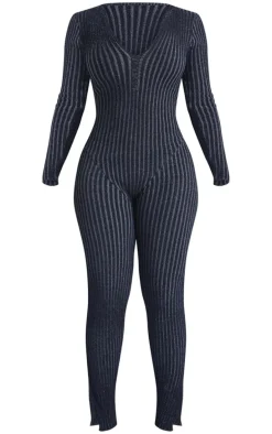 Shape Charcoal Contrast Rib Knit Long Sleeve Plunge Jumpsuit