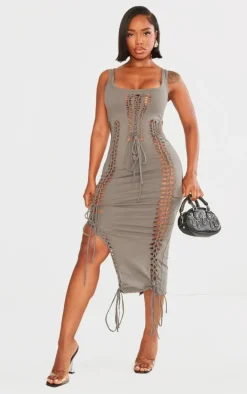 Shape Charcoal Cotton Cut Out Lace Up Midaxi Dress