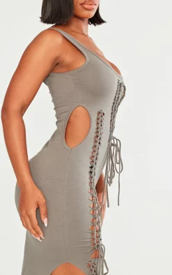 Shape Charcoal Cotton Cut Out Lace Up Midaxi Dress