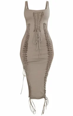 Shape Charcoal Cotton Cut Out Lace Up Midaxi Dress