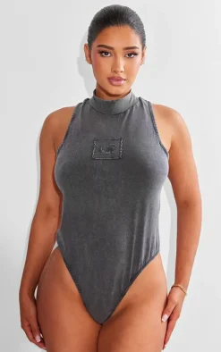 Shape Charcoal Cotton High Neck Sleeveless Bodysuit