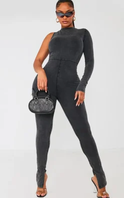 Shape Charcoal Cotton One Shoulder Zip Detail Jumpsuit