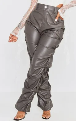 Shape Charcoal Faux Leather Ruched Detail Straight Leg Pants