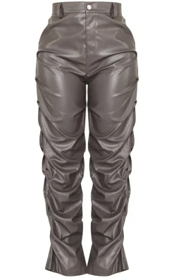 Shape Charcoal Faux Leather Ruched Detail Straight Leg Pants