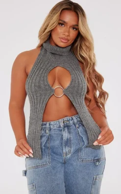 Shape Charcoal Grey Knit Cut Out Ring Detail Crop Top