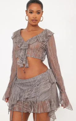 Shape Charcoal Lace Frill Edge Long Sleeve Top