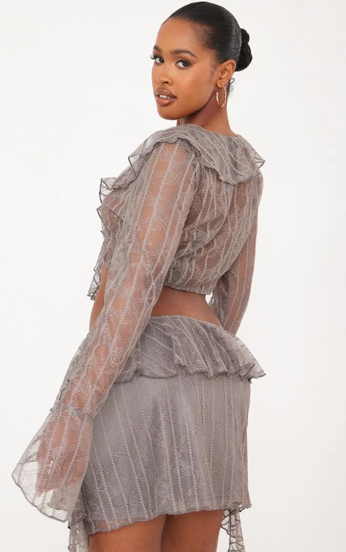 Shape Charcoal Lace Frill Edge Long Sleeve Top
