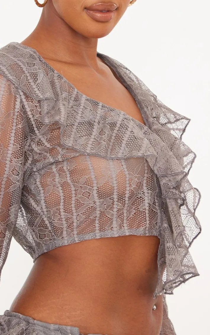 Shape Charcoal Lace Frill Edge Long Sleeve Top