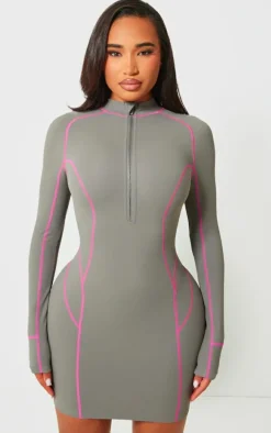 Shape Charcoal Soft Seamless Contrast Long Sleeve Bodycon Dress