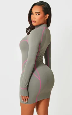 Shape Charcoal Soft Seamless Contrast Long Sleeve Bodycon Dress