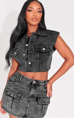 Shape Charcoal Washed Denim Raw Hem Edge Cropped Jacket