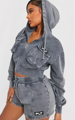 Shape Charcoal Washed Pocket Detail Cropped Hoodie