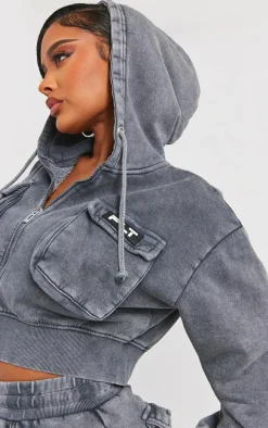 Shape Charcoal Washed Pocket Detail Cropped Hoodie