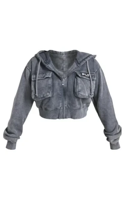 Shape Charcoal Washed Pocket Detail Cropped Hoodie