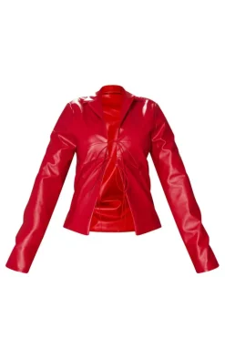 Shape Cherry Red Faux Leather Tie Front Long Sleeve Top