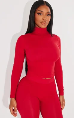 Shape Cherry Red Stretch Seamless High Neck Long Sleeve Top
