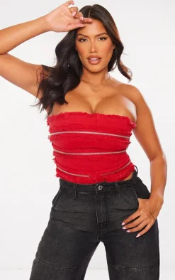 Shape Cherry Red Zip Distressed Seam Bandeau Corset