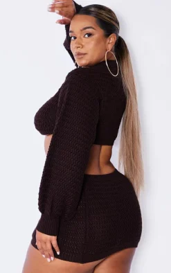 Shape Chocolate Brown Knitted Long Sleeve High Neck Crop Top