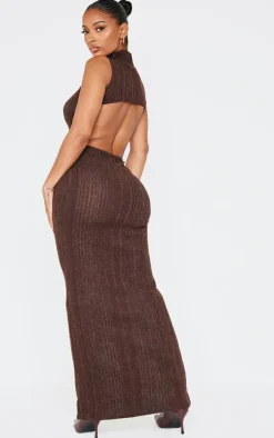 Shape Chocolate Brushed Rib High Neck Open Back Maxi Dress
