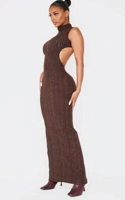 Shape Chocolate Brushed Rib High Neck Open Back Maxi Dress
