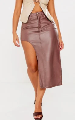 Shape Chocolate Coated Denim Asymmetric Midi Skirt