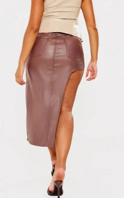 Shape Chocolate Coated Denim Asymmetric Midi Skirt